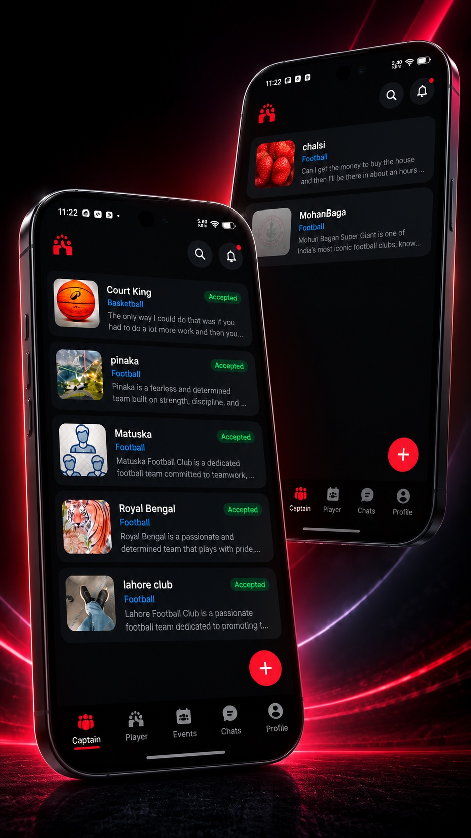 Two phones showing the teams you manage and the teams you have joined