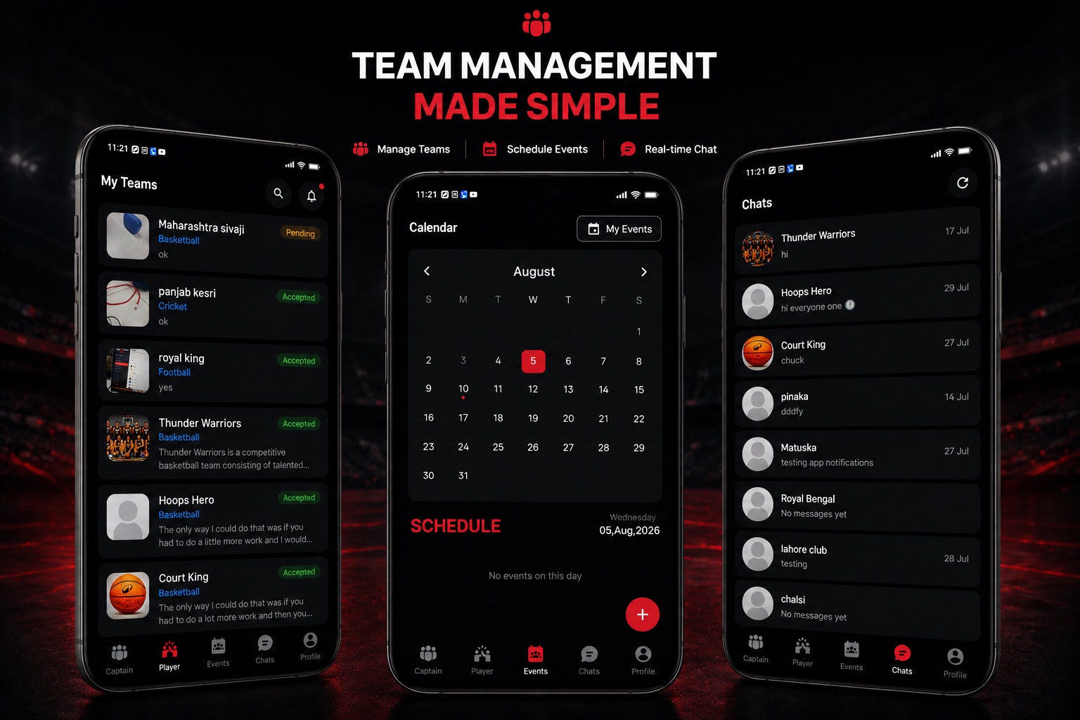 The My Teams screen on a phone, showing each team and its status